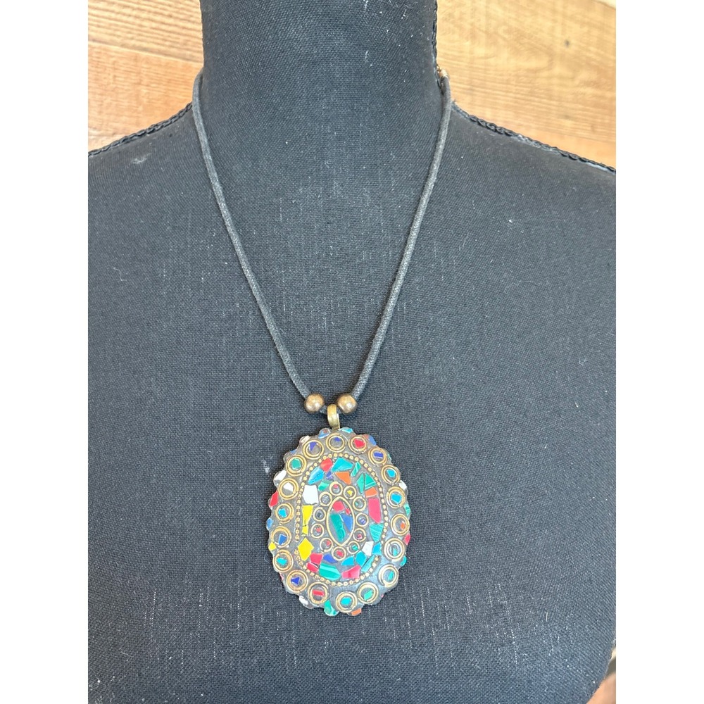 Tibetan Tribal Brass Large Pendant Necklace Boho Colorful Mosaic Stone Inlay